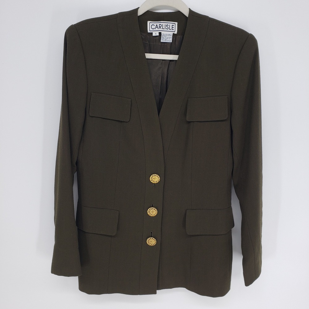 Carlisle Vintage Wool Crepe Blazer Womens 4 Olive Green Gold Button Career 90s
